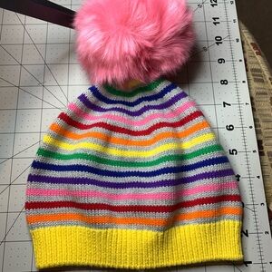 NWOT Hanna Anderson Medium Colorful Striped Beanie with Pink Pom Pom